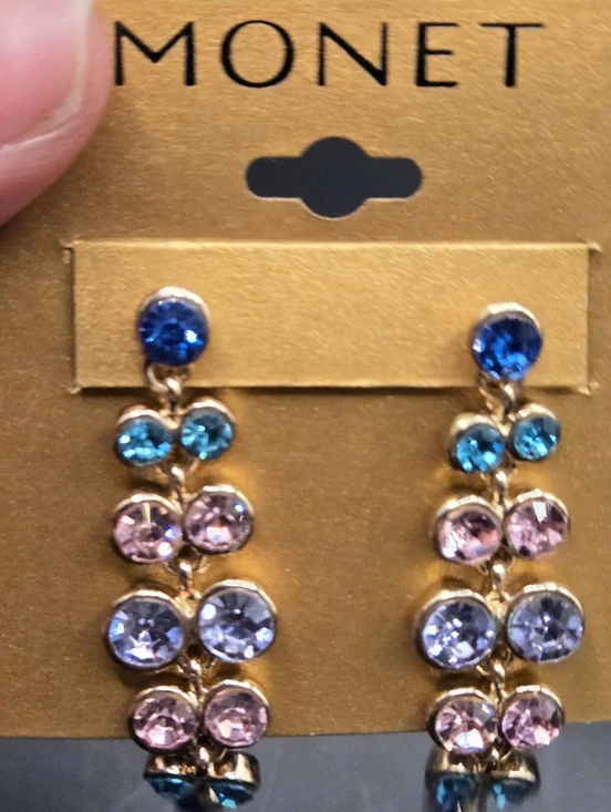 NWT Monet Multi-Color Crystal Drop Earrings Gold Tone Statement Dangle Vintage - Picture 4 of 9